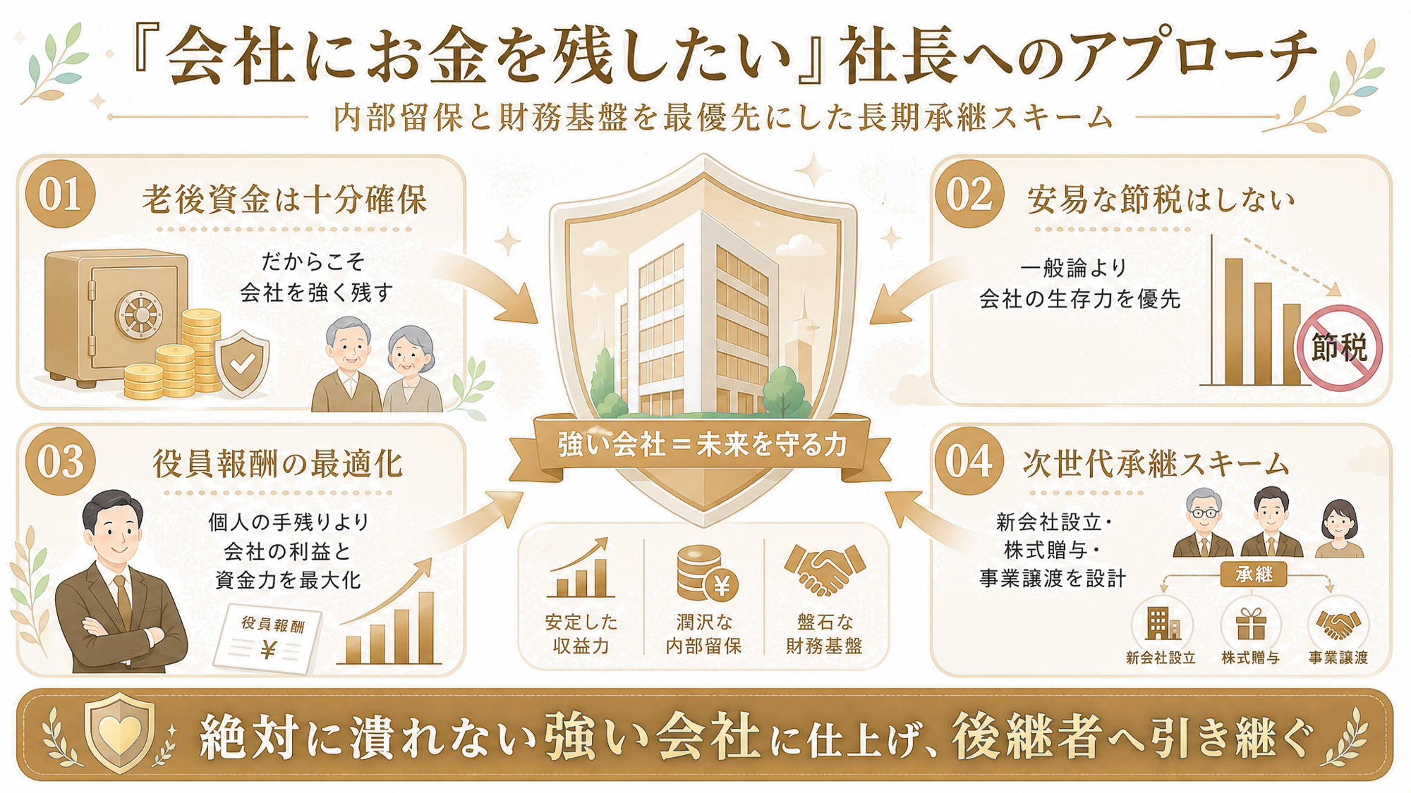 『会社にお金を残したい』社長へのアプローチ図解：老後資金確保・安易な節税なし・役員報酬最適化・次世代承継スキームの4要素