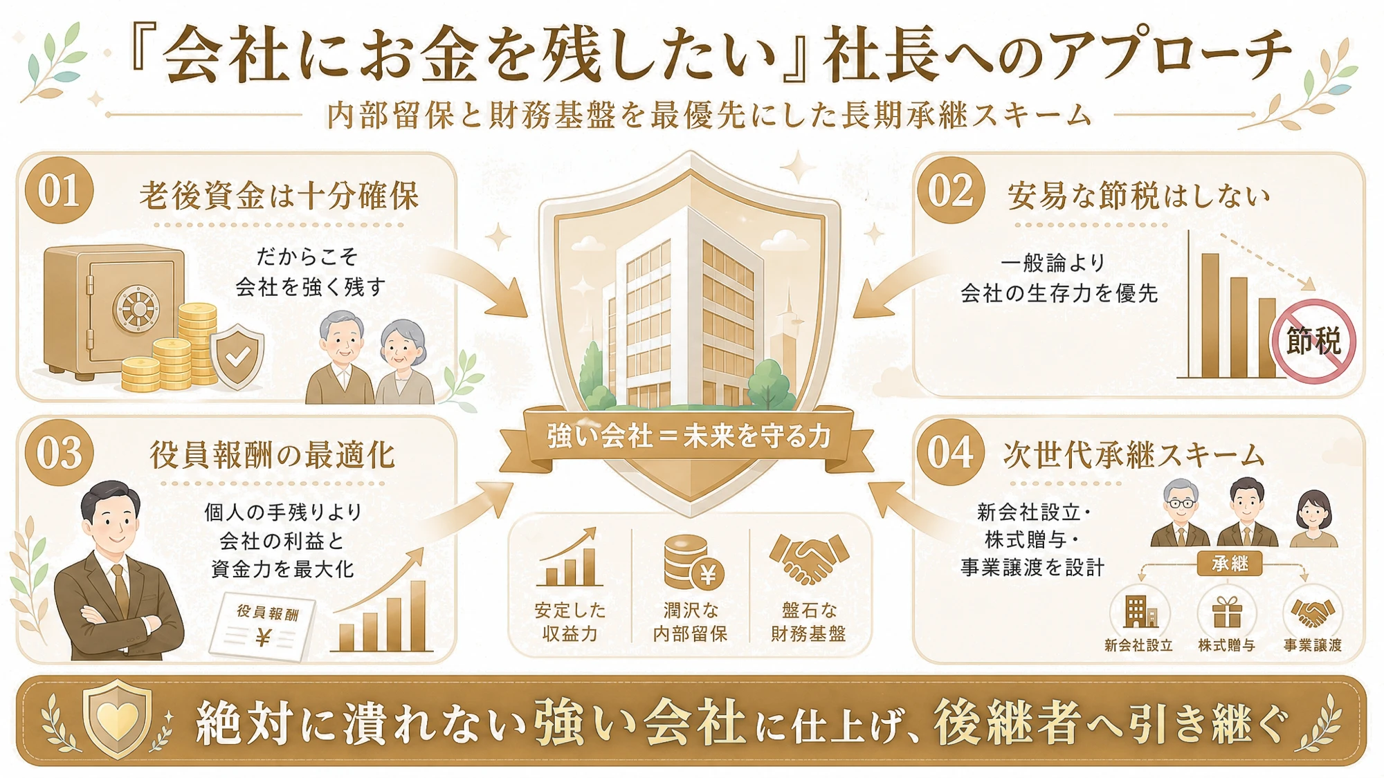 『会社にお金を残したい』社長へのアプローチ図解：老後資金確保・安易な節税なし・役員報酬最適化・次世代承継スキームの4要素